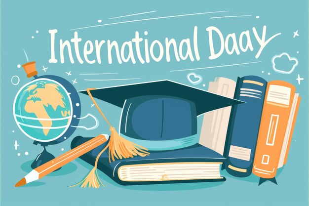 Photo education elements illustration with education day and back to school poster earth globe graduation cap pencil book background