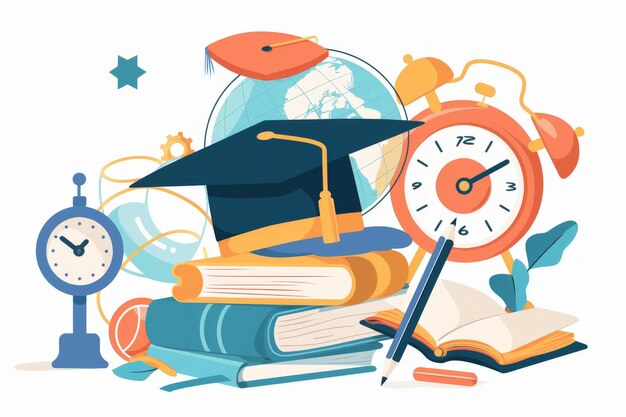 Photo education elements illustration with education day and back to school poster earth globe graduation cap pencil book on white background