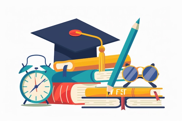 Photo education elements illustration with education day and back to school poster earth globe graduation cap pencil book on white background