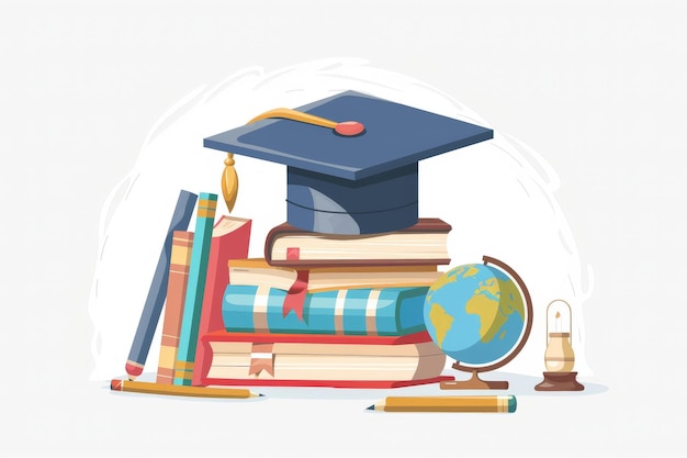Photo education elements illustration with education day and back to school poster earth globe graduation cap pencil book on white background