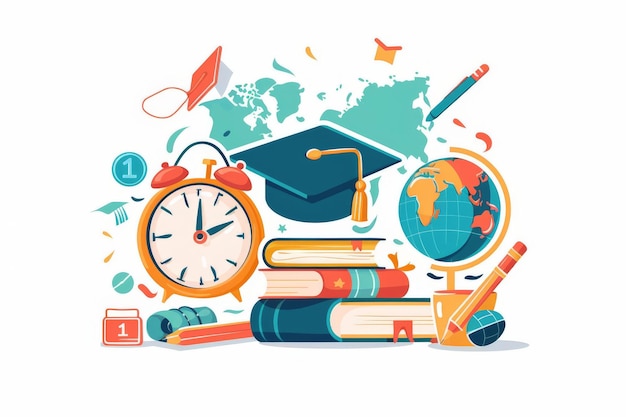 Photo education elements illustration with education day and back to school poster earth globe graduation cap pencil book on white background