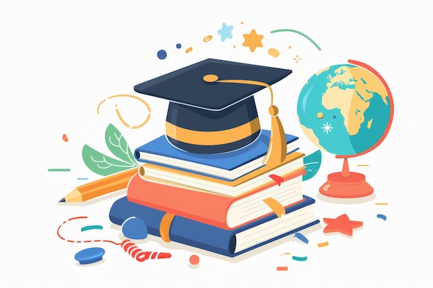 Photo education elements illustration with education day and back to school poster earth globe graduation cap pencil book on white background