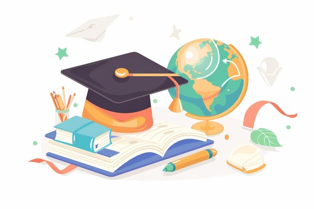 Photo education elements illustration with education day and back to school poster earth globe graduation cap pencil book on white background