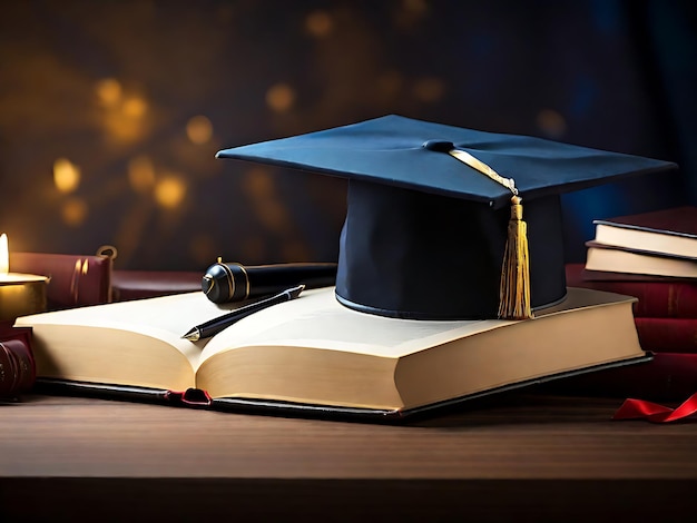 Education Essentials Book Pen and Graduation Hat on the Table