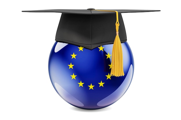 Photo education in the eu concept the european union flag with graduation cap 3d rendering