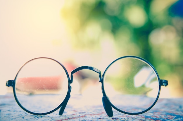 Photo education glasses on wood table