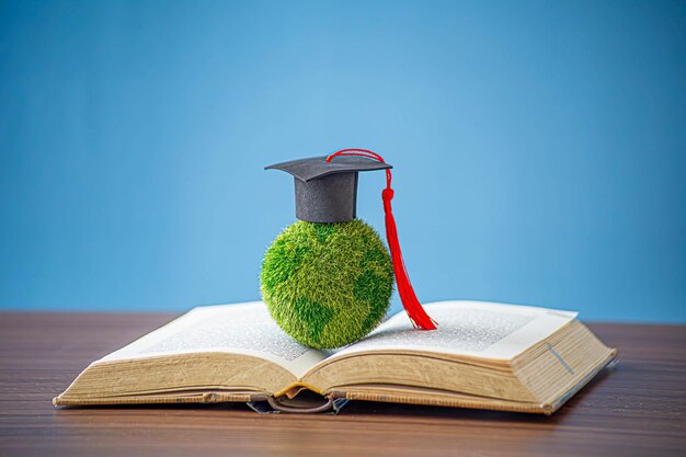 Education in Global Graduation cap on Businessman holding Earth globe model map