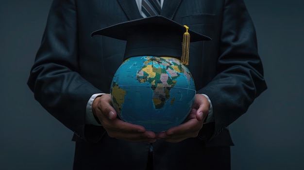 Foto educazione nel mondo globale cappuccio di laurea su uomo d'affari che tiene in mano una mappa del globo terrestre con sfondo radar il concetto di business globale studio all'estero educativo torna a scuola