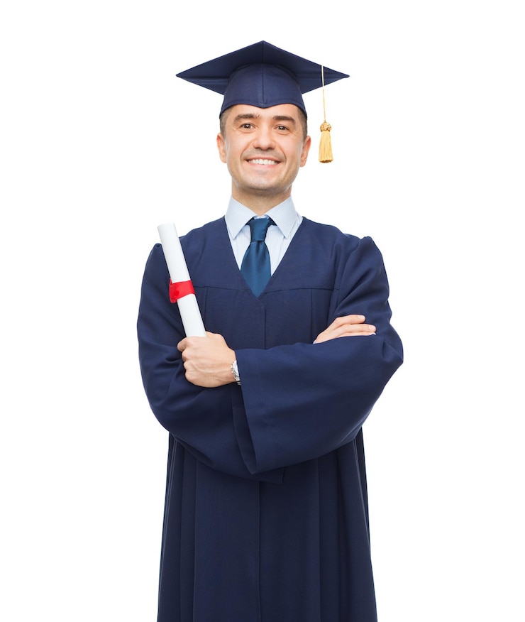 Photo education, graduation and people concept - smiling adult student in mortarboard with diploma