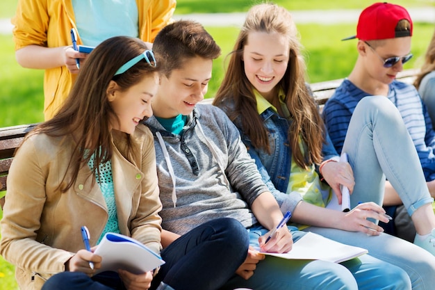 Photo education, high school and people concept - group of happy teenage students with notebooks learning at campus yard