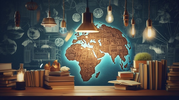 Foto collage di istruzione e intelligenza con mappa della lampadina a tema di viaggio globale ia generativa