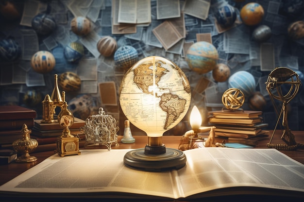 Photo education and intelligence collage with global travel theme bulb light maps