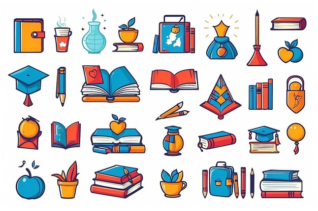 Photo education and learn logo set school book pen graduate hat book store and student teaching symbols