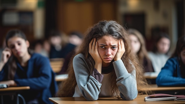 教育と学習のコンセプト 教室の机に座って疲れて退屈した学生のポートレート