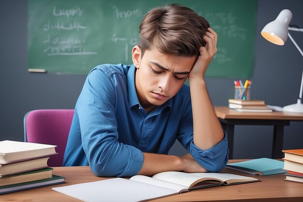 Education And Learning Concept Portrait of tired and bored student sitting at desk