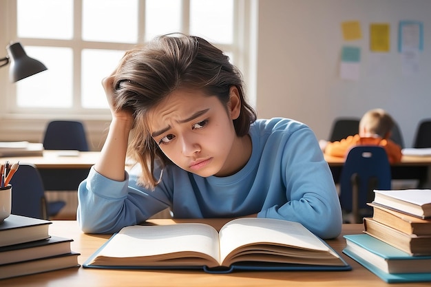 Photo education and learning concept portrait of tired and bored student sitting at desk