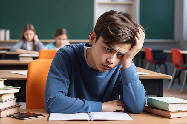 Photo education and learning concept portrait of tired and bored student sitting at desk