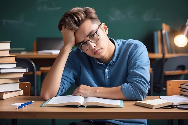 Photo education and learning concept portrait of tired and bored student sitting at desk