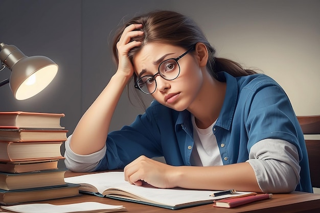 Photo education and learning concept portrait of tired and bored student sitting at desk