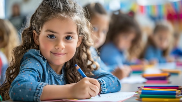 教育と人間のコンセプト 学生の女の子と書籍の書き方 学校のテスト