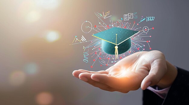 Photo education mark holographic infographic on an open palm technology and education concept