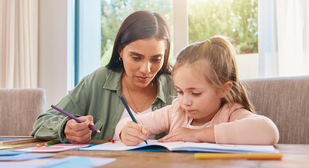 Education mother and girl with homework writing and lesson at home focus and learning Family parents and mama with female child daughter and happy kid with notes fun or growth with development