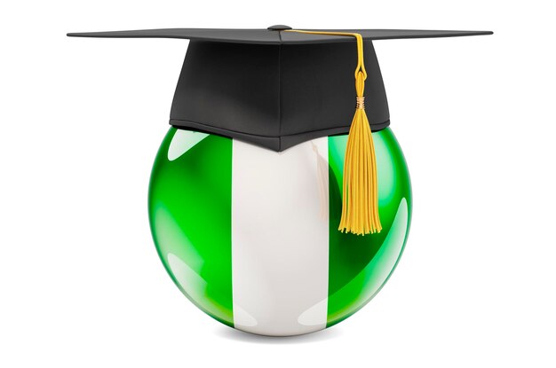 Education in Nigeria concept Nigerian flag with graduation cap 3D rendering