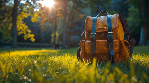 野外学習: 茂った草の上に立つ学校のバッグは自然と学習を融合させます 晴れた日 柔らかい焦点 AI ゲネレーティブ