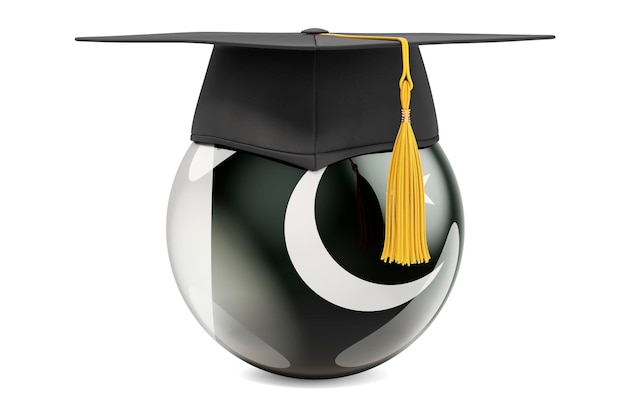 Education in Pakistan concept Pakistani flag with graduation cap 3D rendering