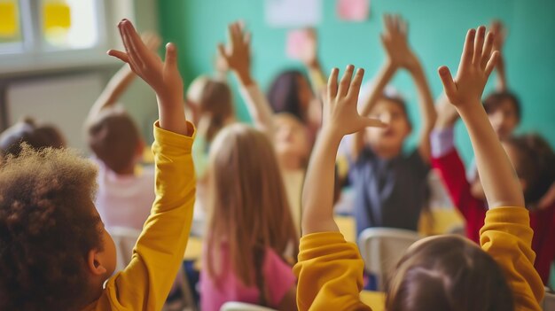 Education question with group of children in classroom and raise their hands to ans Generative AI