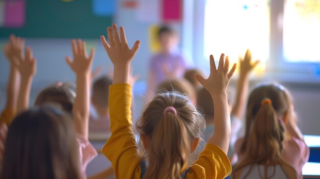 Education question with group of children in classroom and raise their hands to ans Generative AI