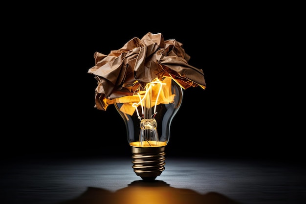 Education represented by crumpled paper as light bulb on black background symbolizing creative ideas