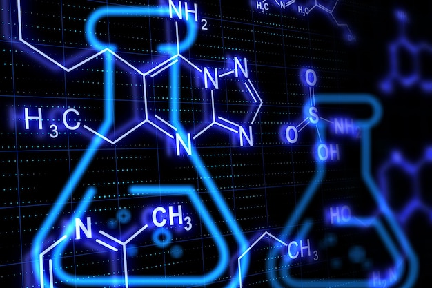 Foto concetto di istruzione e ricerca con formule chimiche digitali e matracci su sfondo scuro rendering 3d