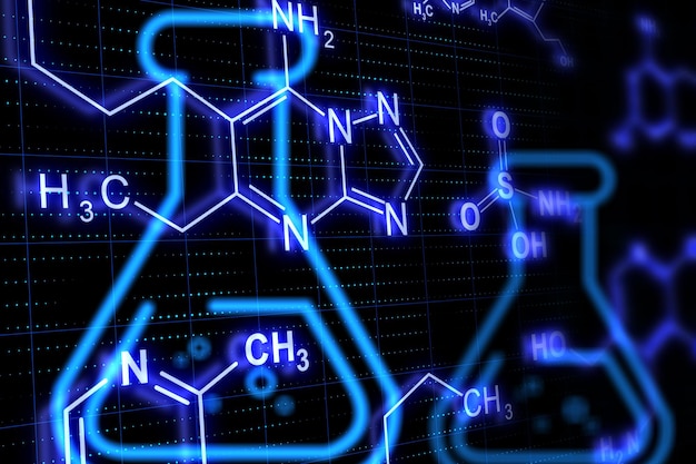 Photo education and research concept with digital chemical formulas and flasks on dark background 3d rendering