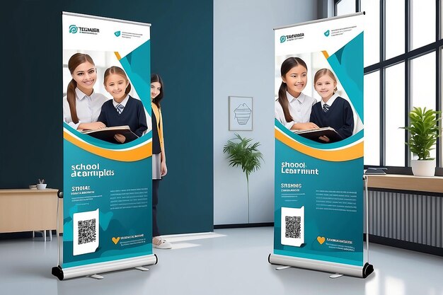 Photo education roll up banner stand templateteacher and student learning school activities