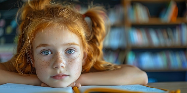 education and school concept little student ginger hair girl freckles on her face studying at school