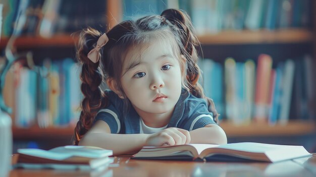 教育と学校の概念 小さな学生の女の子が学校で勉強しています