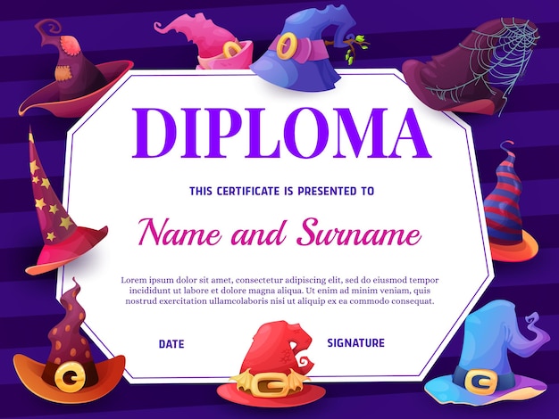 Photo education school diploma with cartoon witch hats