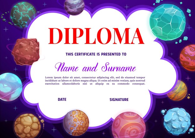 Education school diploma with fantasy planets