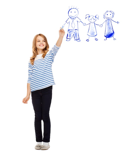 Foto concetto di educazione, scuola e persone felici - bambina carina che disegna la famiglia nell'aria