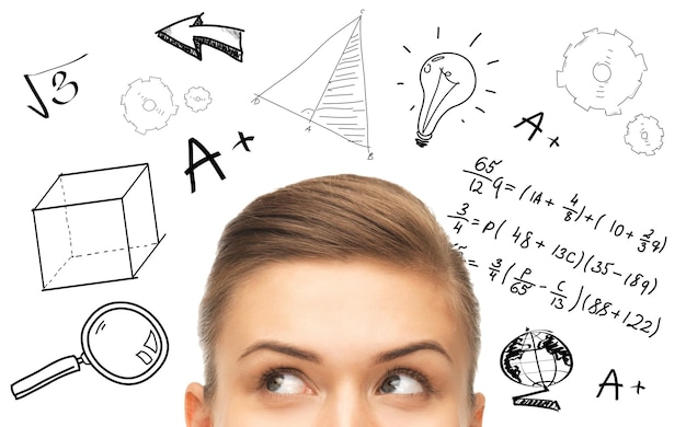 education, school, mathematics and people concept - close up of woman looking up to mathematical doodles