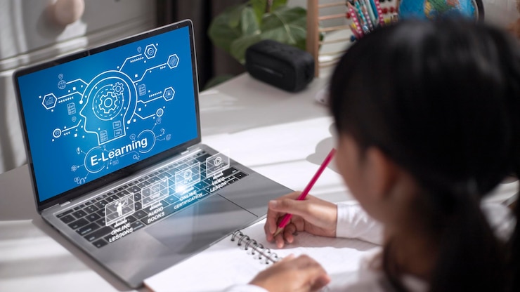 Photo education technology concept schoolgirl learning in the room online school edtechelearning concept