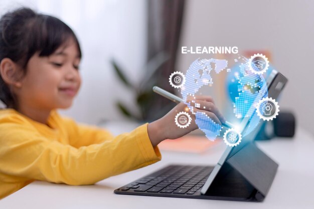 Photo education technology concept schoolgirl learning in the room online school edtechelearning concept
