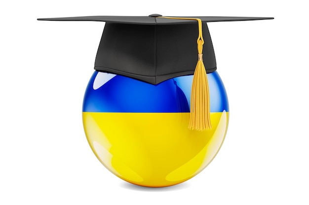 Education in Ukraine concept Ukrainian flag with graduation cap 3D rendering