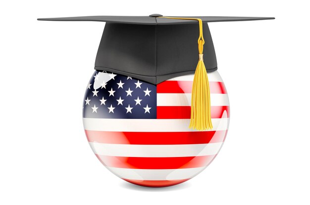 Education in the United States concept The USA flag with graduation cap 3D rendering