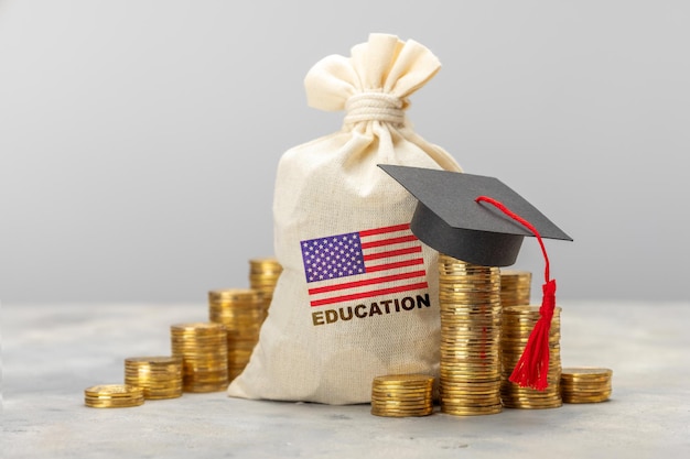 Education in the USA Concept for expensive education in America Day bag with a furnace of gold coins