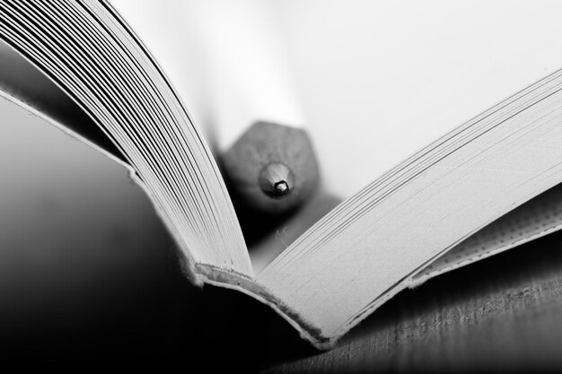 biography book layout Photo education and wisdom concept macro view of book with pencil