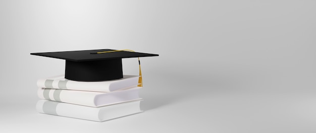 Educational concept, graduation hat on books on white