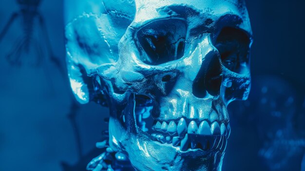 Educational demonstration of a human skeleton head model highlighting anatomy and bone structure on a vibrant blue background