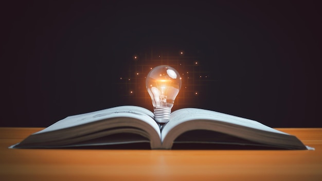 Educational knowledge and business education ideas glowing light bulb on a book Inspiring
